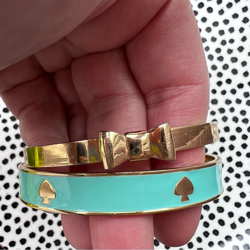 KATE SPADE Bow & Spades Tiffany Blue Gold Bangle Set Two Bracelets EXCELLENT EC - Picture 2 of 8